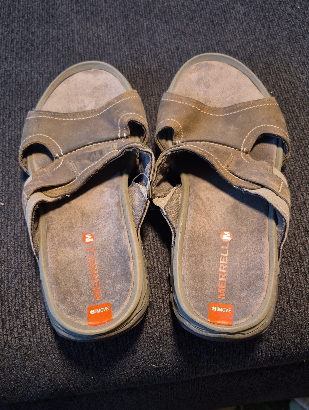Merrell Men’s Brown Suede Slide Sandals with Orange Accents